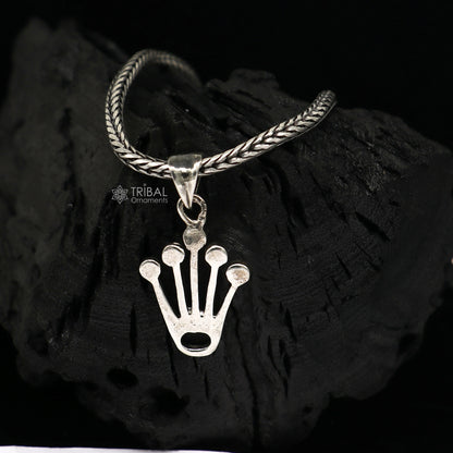 925 silver KING CROWN pendant on wheat chain necklace, unisex tribal jewelry with intricate crown design and delicate craftsmanship