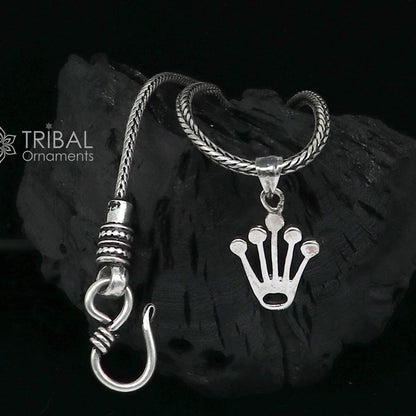 925 pure silver King Crown pendant with wheat chain necklace, unisex jewelry by Tribal Ornaments, detailed and delicate silver necklace.
