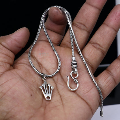 925 pure silver King Crown pendant with wheat chain necklace, unisex jewelry, tribal ornaments, delicate and stylish accessory