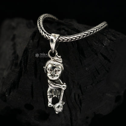 925 pure silver Lord Bal Hanuman pendant with wheat chain necklace, unisex Hindu jewelry, ideal for gifting.