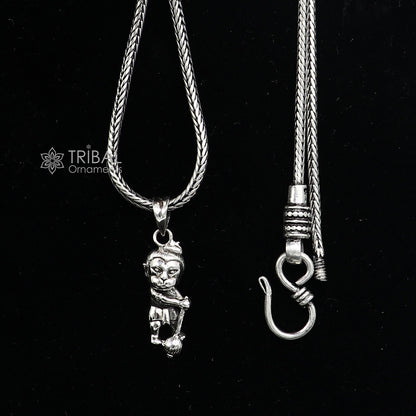 925 pure silver Lord Bal Hanuman pendant with wheat chain, unisex jewelry, detailed tribal design, ideal for gifting.