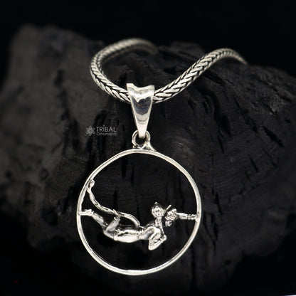 925 silver Lord Hanuman pendant necklace, unisex tribal jewelry with wheat chain, featuring intricate Hanuman design for gifting.