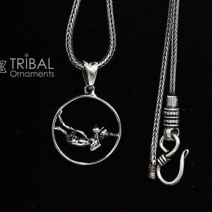 925 pure silver Lord Hanuman pendant on wheat chain necklace, delicate unisex jewelry, ideal for gifting, by TRIBAL ORNAMENTS.