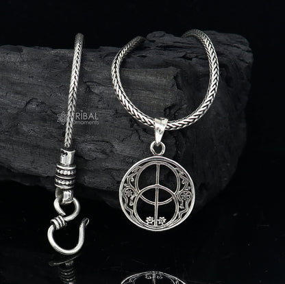925 pure silver Chalice Well Sacred Geometry pendant with wheat chain, delicate jewelry by TRIBAL ORNAMENTS, intricate design.
