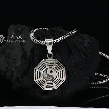 925 pure silver Heaven Ba Gua symbol pendant on wheat chain necklace, unisex jewelry with intricate design by TRIBAL ORNAMENTS