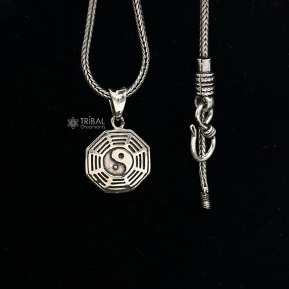 925 pure silver Heaven Ba Gua symbol pendant on wheat chain, delicate unisex jewelry by TRIBAL ORNAMENTS.