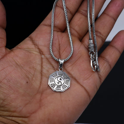 925 pure silver Heaven Ba Gua symbol pendant on wheat chain, unisex delicate jewelry by TRIBAL ORNAMENTS.