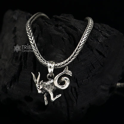 925 silver Zodiac Capricorn pendant featuring the horoscope symbol, delicate jewelry with wheat chain necklace by Tribal Ornaments.
