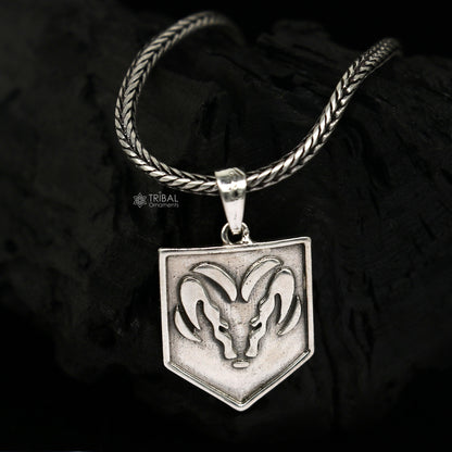925 pure silver Aries zodiac symbol pendant necklace by Tribal Ornaments, featuring a delicate wheat chain and locket design.