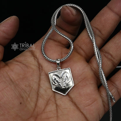925 pure silver Aries zodiac pendant by Tribal Ornaments, featuring a delicate Aries symbol on a wheat chain necklace.