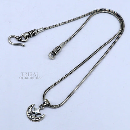 Unisex 925 sterling silver pendant featuring a sun, moon, and star design with customized handmade detailing by TRIBAL ORNAMENTS.