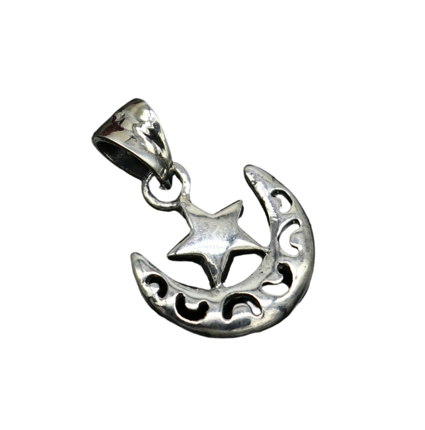 Sterling silver sun, moon, and star pendant by TRIBAL ORNAMENTS, unisex jewelry with handmade celestial design.
