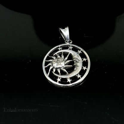 Sterling silver sun, moon, and star pendant by TRIBAL ORNAMENTS, unisex handmade jewelry with intricate celestial design.