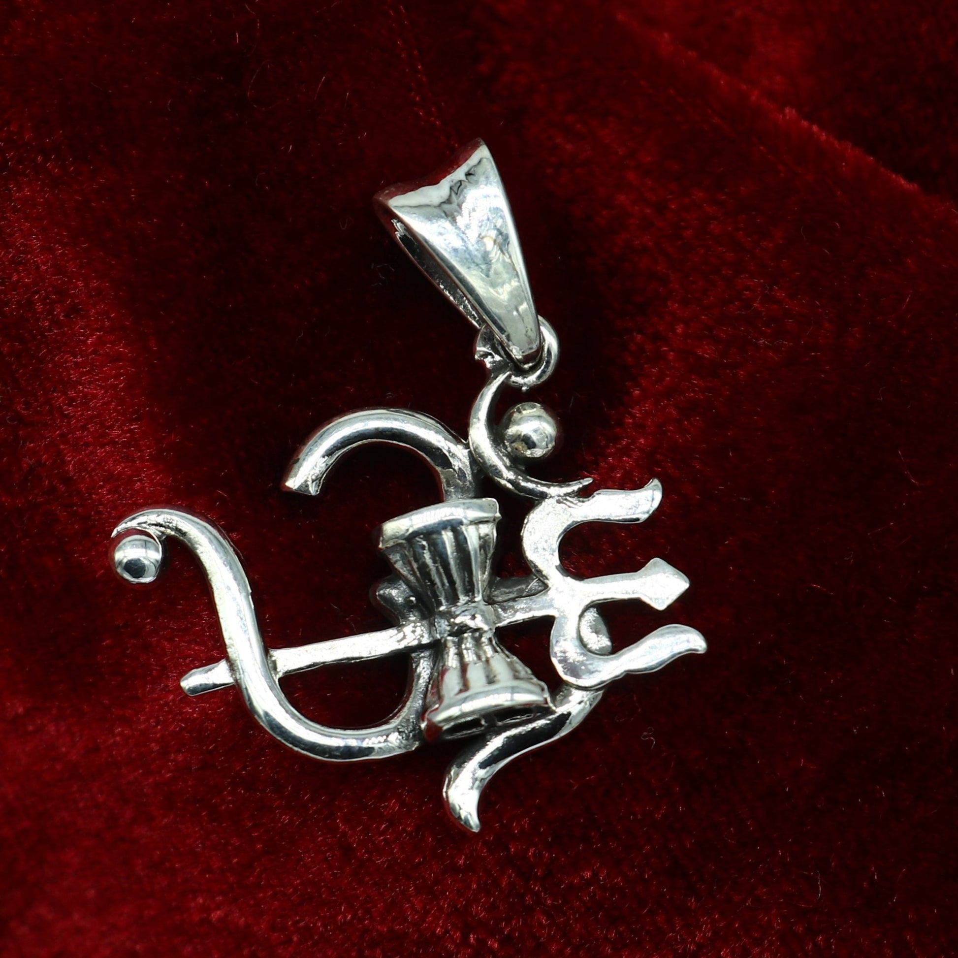 Sterling silver Aum OM pendant with trident design by Tribal Ornaments, unisex vintage-style jewelry for gifting and everyday wear.