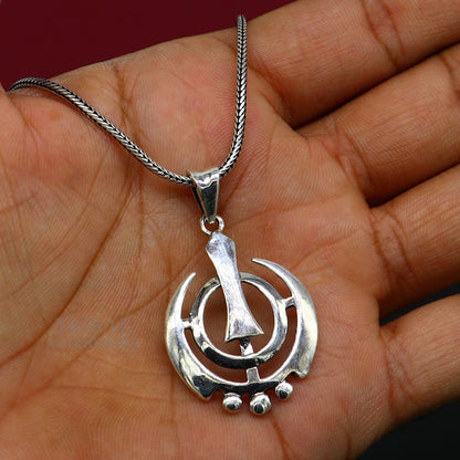 925 silver Khalsa pendant with Sikha Sardar logo, customized design, tribal ornament, Waheguru symbol, from India.