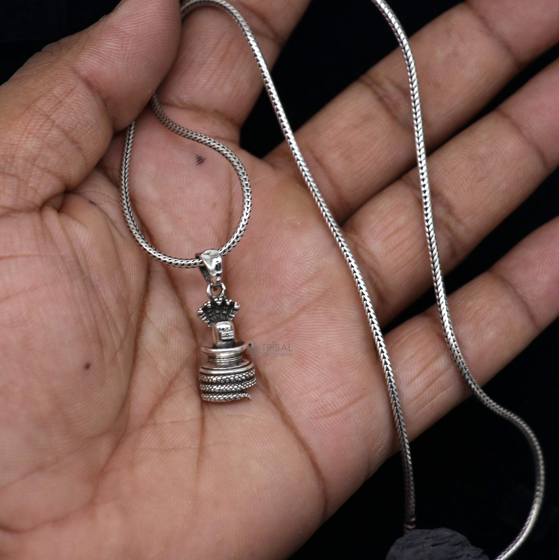 925 sterling silver Lord Shiva Lingam pendant necklace, tribal-style divine god jewelry with intricate design and spiritual symbolism
