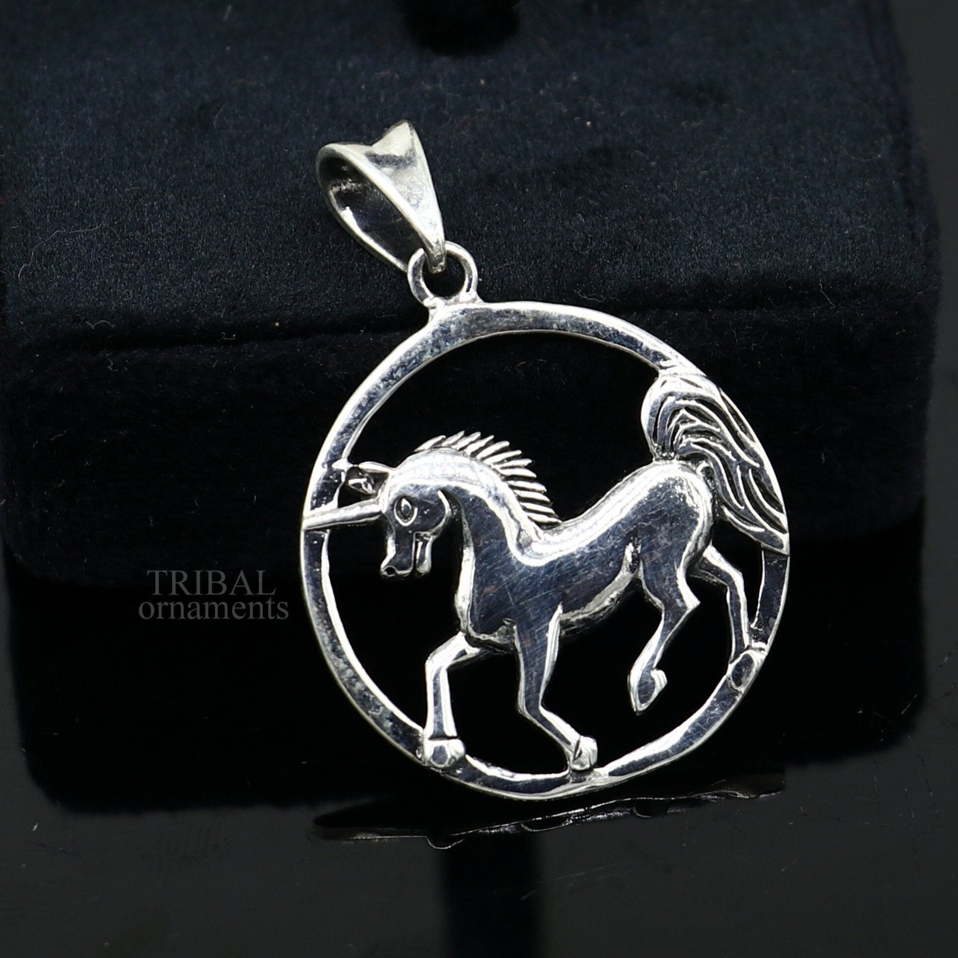 925 sterling silver horse unicorn pendant by TRIBAL ORNAMENTS, stylish vintage jewelry for boys and girls with detailed design.