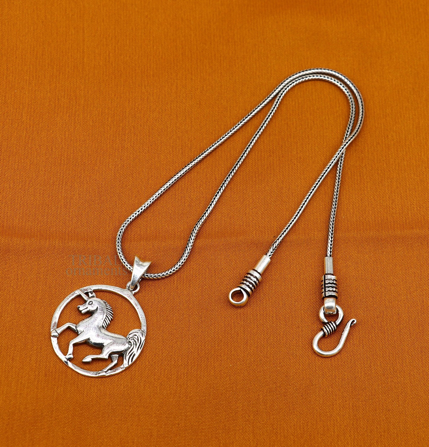 Sterling silver horse unicorn pendant by Tribal Ornaments, featuring an elegant vintage design for boys and girls.