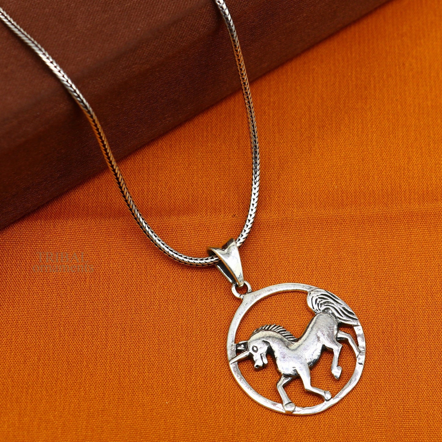 Sterling silver horse unicorn pendant by Tribal Ornaments, elegant vintage design perfect for boys and girls.