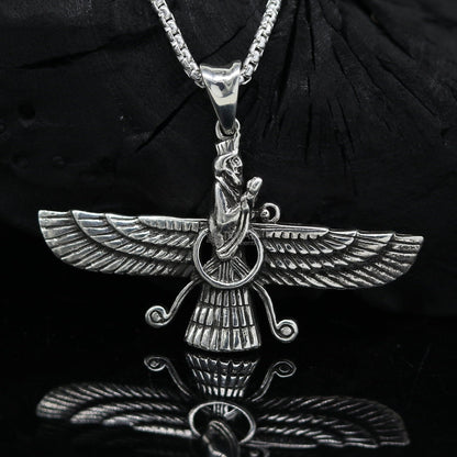 Sterling silver Faravahar Ahura Mazda pendant necklace featuring handmade ancient Persia mythology design for men.
