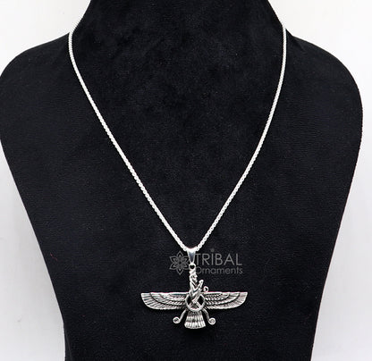 925 sterling silver Faravahar Ahura Mazda pendant necklace featuring ancient Persia mythology, handcrafted men's jewelry by TRIBAL ORNAMENTS