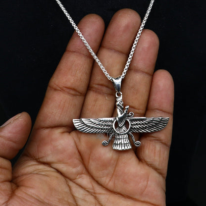 Sterling silver Faravahar Ahura Mazda pendant necklace, handmade ancient Persia mythology jewelry for men, tribal ornament design.