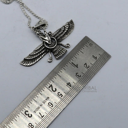 925 sterling silver Faravahar Ahura Mazda pendant necklace featuring ancient Persia-inspired mythological design for men.