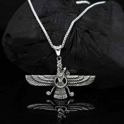 925 sterling silver Faravahar Ahura Mazda pendant necklace, handmade Ancient Persia jewelry for men, mythological silver pendant.