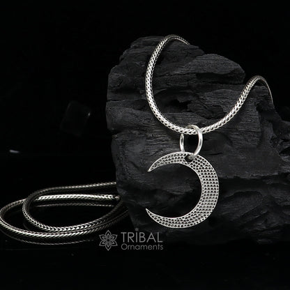 925 sterling silver half moon pendant by TRIBAL ORNAMENTS, delicate jewelry for men and women, featuring a sleek half moon design.