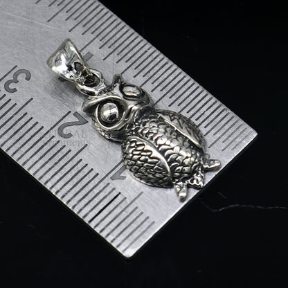 Sterling silver small owl pendant by TRIBAL ORNAMENTS, unisex good luck jewelry, handmade tribal design, stylish and detailed.