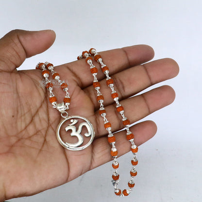925 sterling silver OM mantra pendant with Rudraksha chain, handmade spiritual jewelry to protect from negative energy.