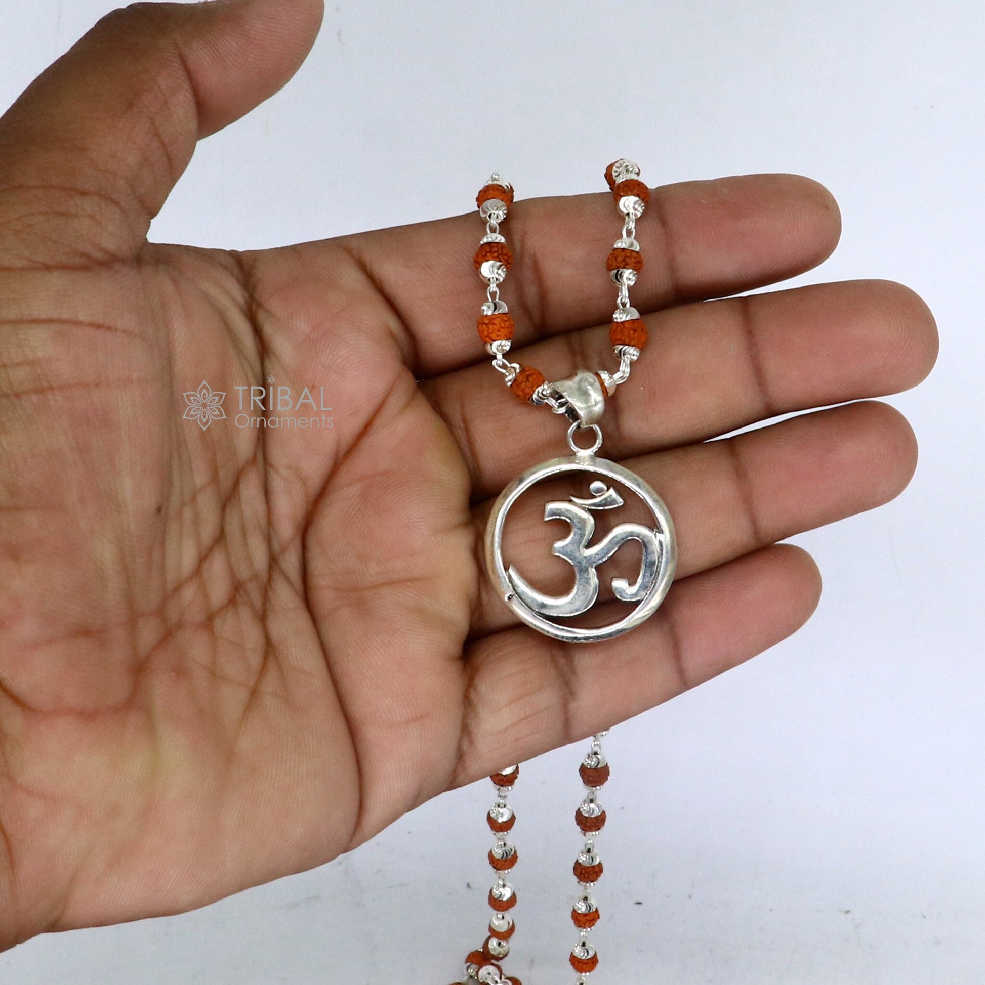 925 sterling silver handmade Divine Aum mantra pendant & Rudraksha chain, holy mantra pendant protect from negative energy nsp758 - TRIBAL ORNAMENTS
