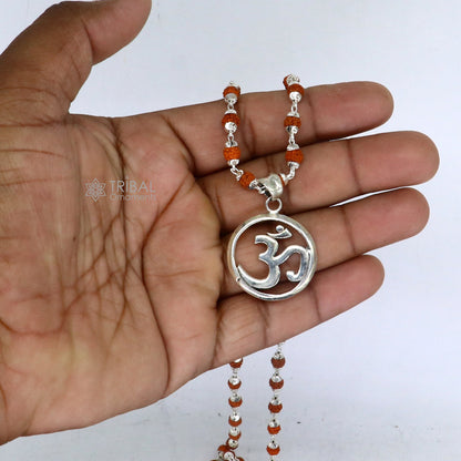 925 sterling silver OM mantra pendant with Rudraksha chain, spiritual jewelry for protection from negative energy.