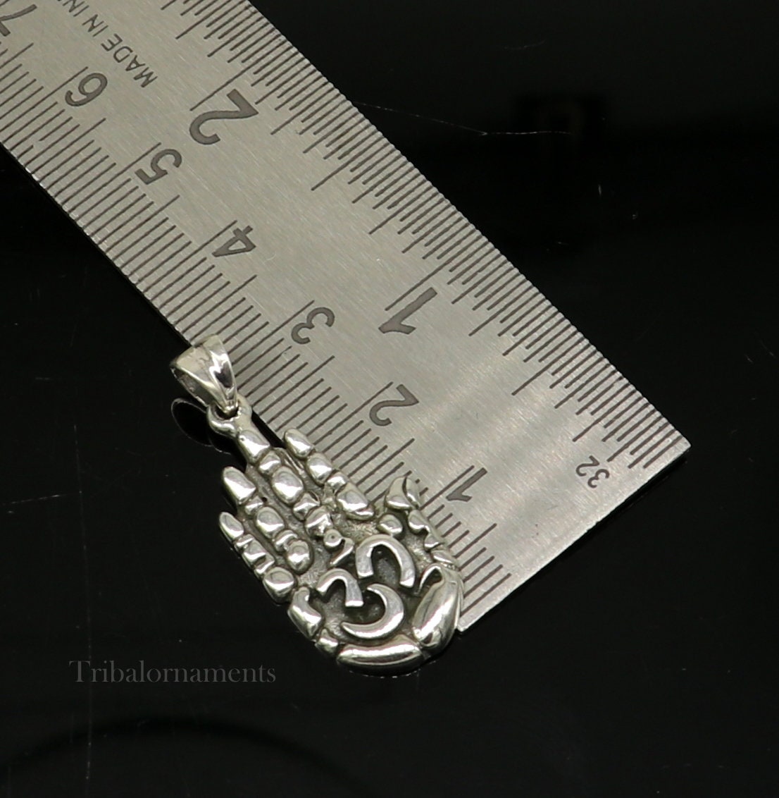 925 sterling silver divine hand palm pendant with 'AUM' design, unisex jewelry, handmade from India by TRIBAL ORNAMENTS.