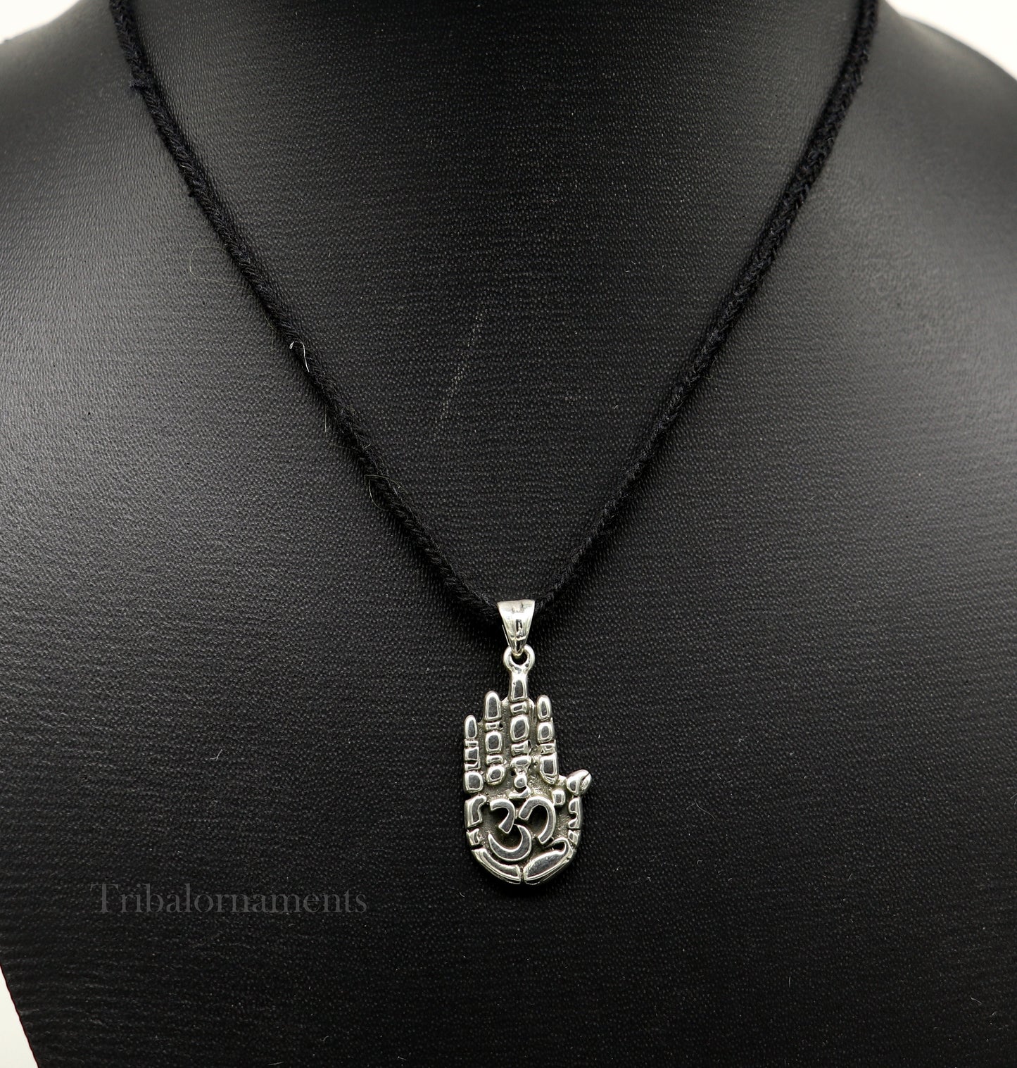 925 sterling silver divine hand palm pendant with 'AUM' design, unisex tribal jewelry from India, handmade and unique.