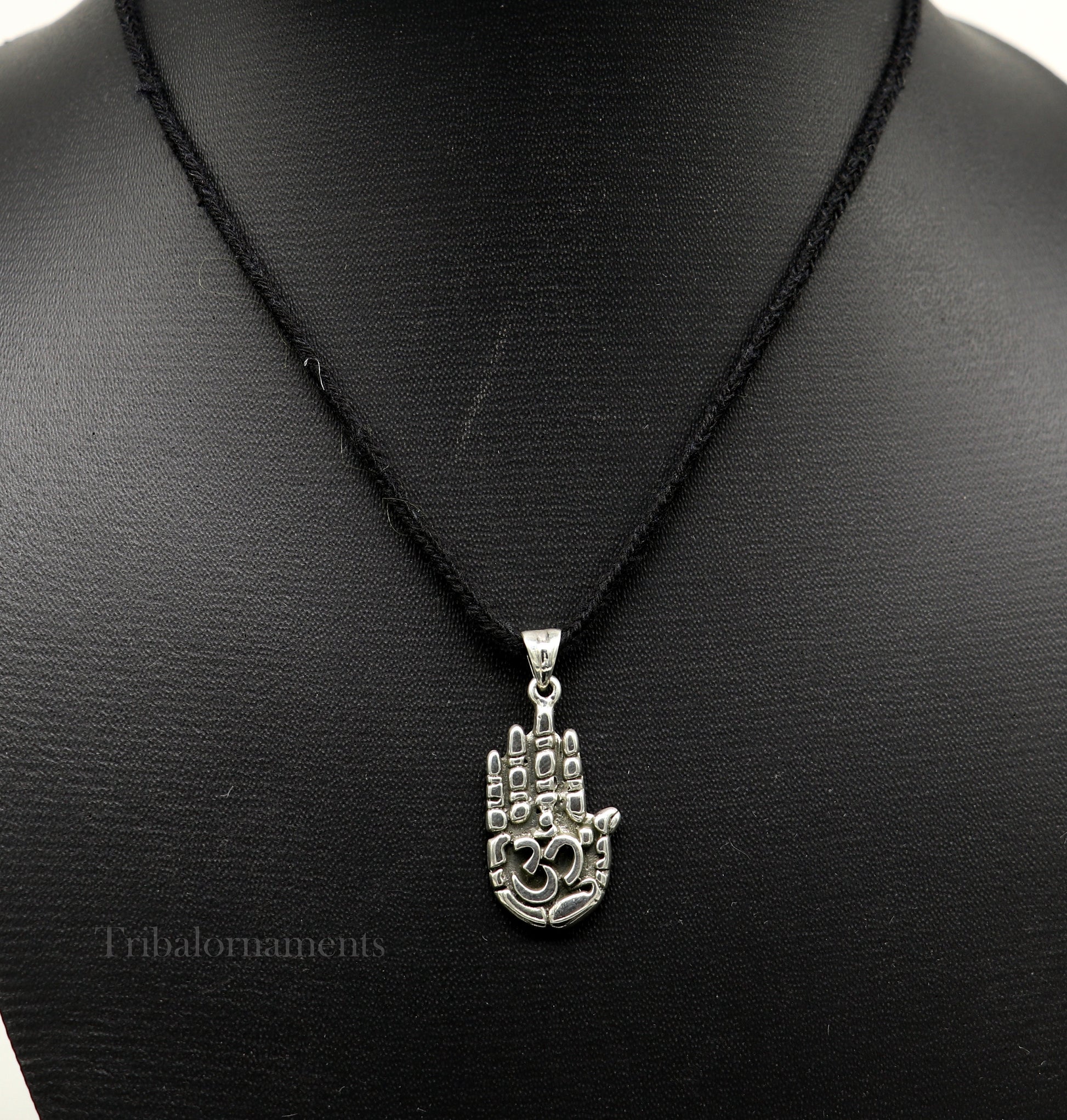 925 sterling silver divine hand palm pendant with 'AUM' design, unisex tribal jewelry from India, handmade and unique.