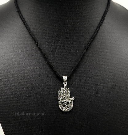 925 sterling silver divine hand palm pendant with 'AUM' design, unisex tribal jewelry from India, handmade and unique.
