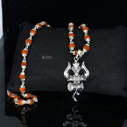 925 sterling silver Shiva trident pendant with Rudraksha chain, handcrafted tribal ornament, spiritual jewelry for protection and positive energy.