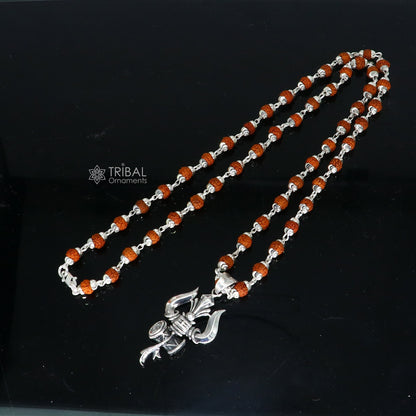 925 sterling silver Shiva trident pendant with Rudraksha chain, handmade tribal jewelry for protection from negative energy.