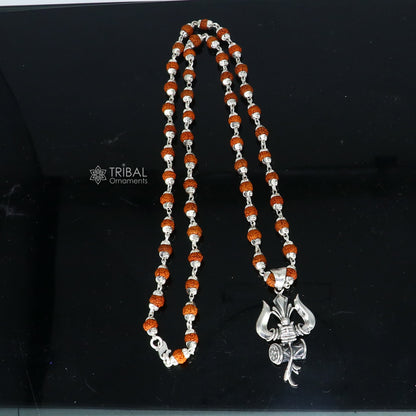 925 sterling silver Shiva trident pendant with Rudraksha chain, handmade divine jewelry for spiritual protection.