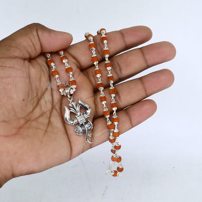 925 sterling silver Shiva trident pendant with Rudraksha chain, handcrafted by Tribal Ornaments for spiritual protection.