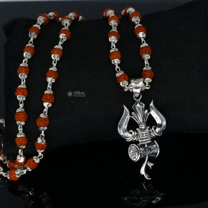 925 silver Shiva trident pendant with Rudraksha bead chain, handmade divine jewelry for protection from negative energy.