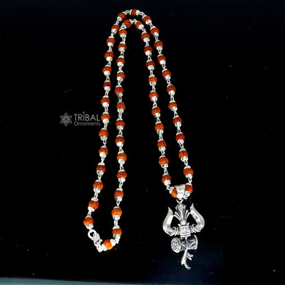 925 sterling silver Shiva trident pendant with Rudraksha chain, handcrafted tribal ornament, symbol of divine protection from negative energy