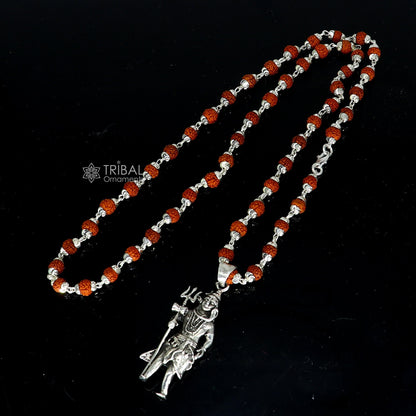 925 sterling silver Lord Shiva pendant with trident and Rudraksha chain, handcrafted divine jewelry for protection from negative energy