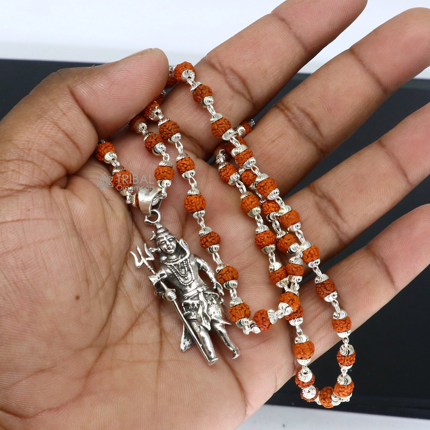925 sterling silver handmade Divine Lord shiva with trident pendant & Rudraksha chain, holy pendant protect from negative energy nsp756 - TRIBAL ORNAMENTS