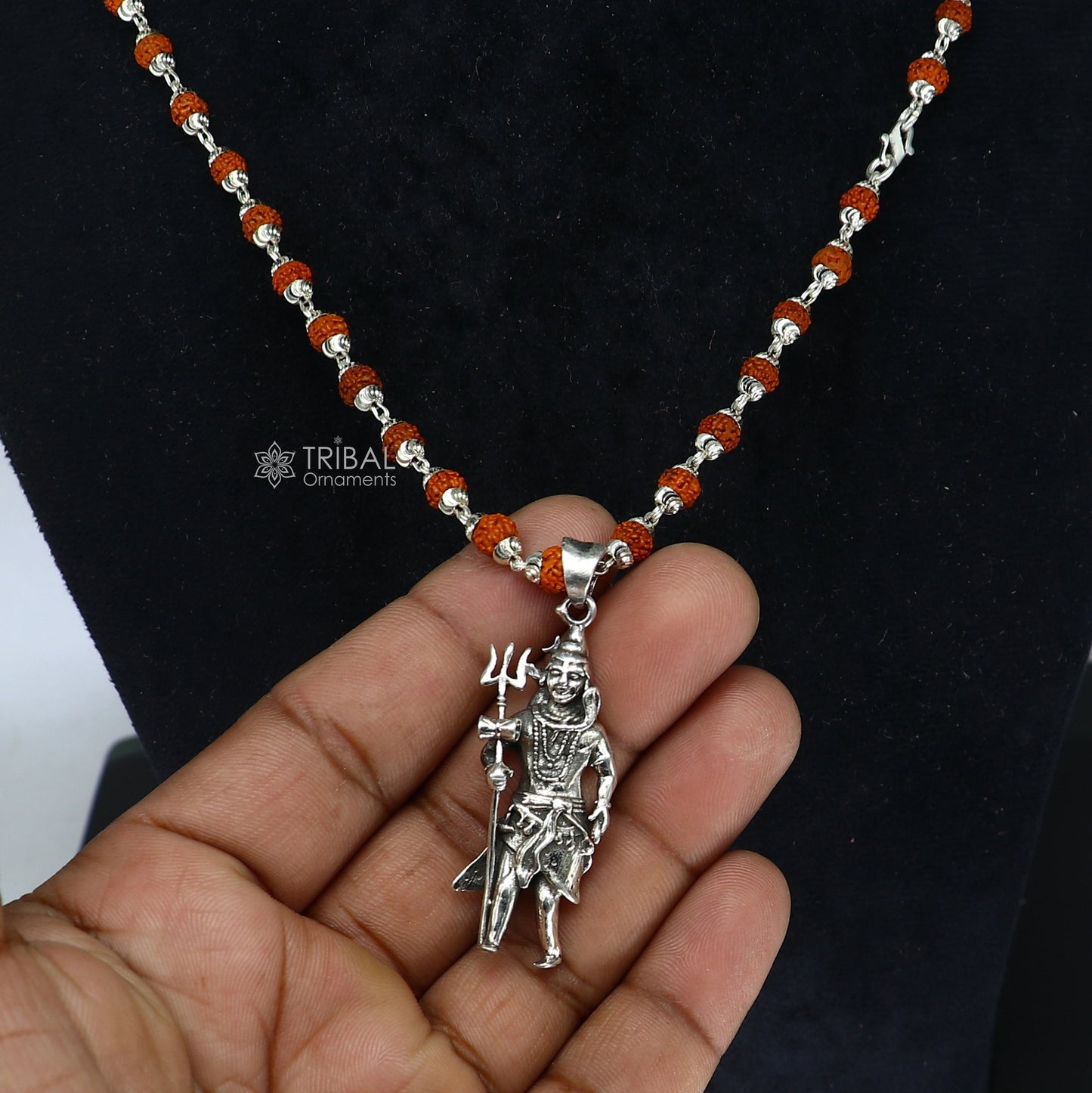 925 sterling silver handmade Divine Lord shiva with trident pendant & Rudraksha chain, holy pendant protect from negative energy nsp756 - TRIBAL ORNAMENTS