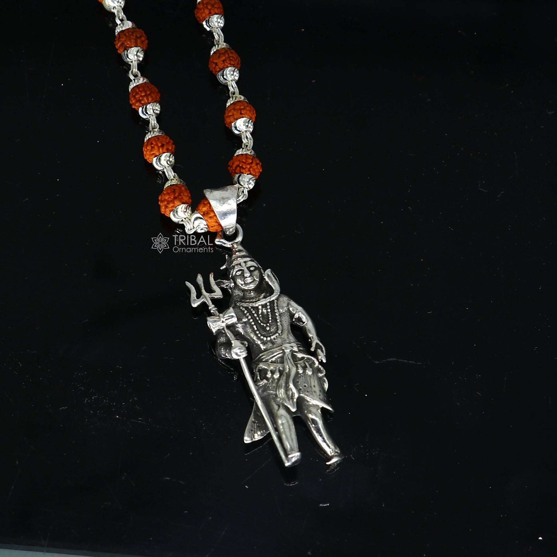 925 sterling silver handmade Divine Lord shiva with trident pendant & Rudraksha chain, holy pendant protect from negative energy nsp756 - TRIBAL ORNAMENTS