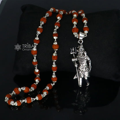 925 sterling silver Lord Shiva pendant with trident and Rudraksha chain, handmade divine jewelry for protection from negative energy