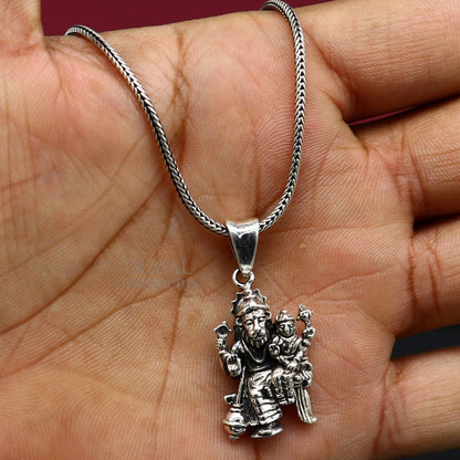 Sterling silver Vishnu with Laxmi Narsimha pendant, handmade unisex jewelry, detailed divine deity design.