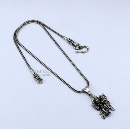 Sterling silver Vishnu with Laxmi Narsimha pendant from TRIBAL ORNAMENTS, unisex handmade religious jewelry with intricate design.